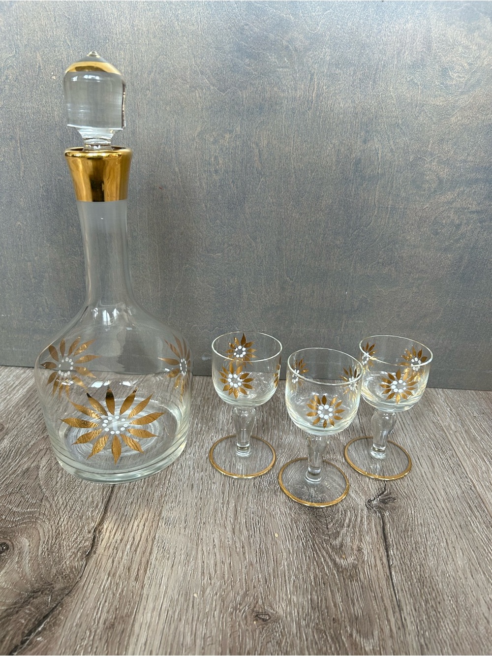 Gold Trim Blown Glass Decanter and Glasses - Floral Design